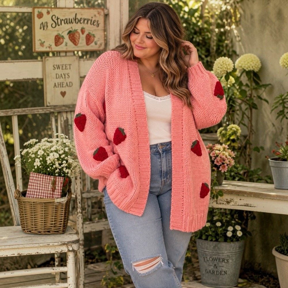 Cato Pink Strawberry Chunky Knit Cardigan Sweater Plus Size 18/20W